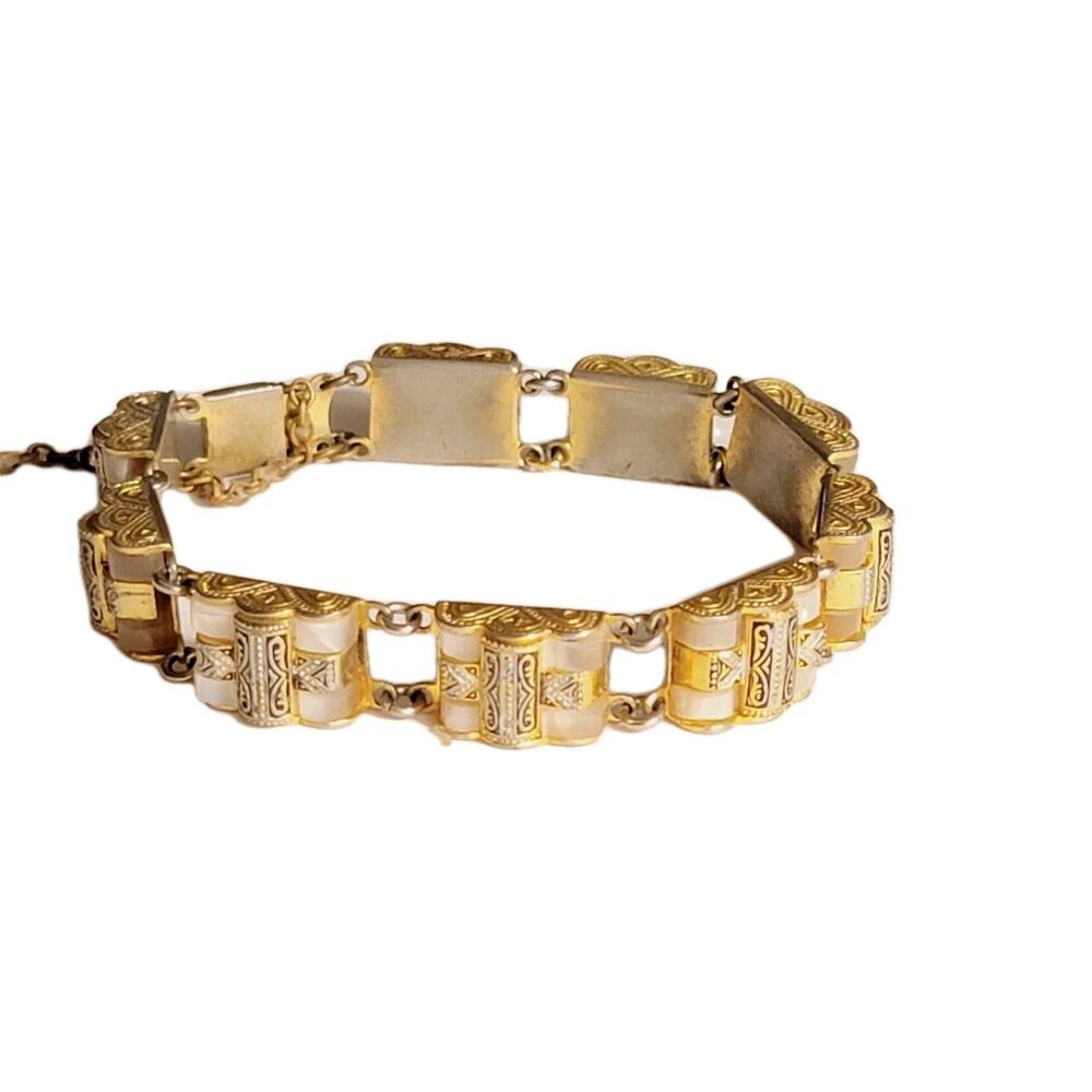 1960s Mallorca-Damascus & Mother of Pearl Engraved Double Row Bracelet